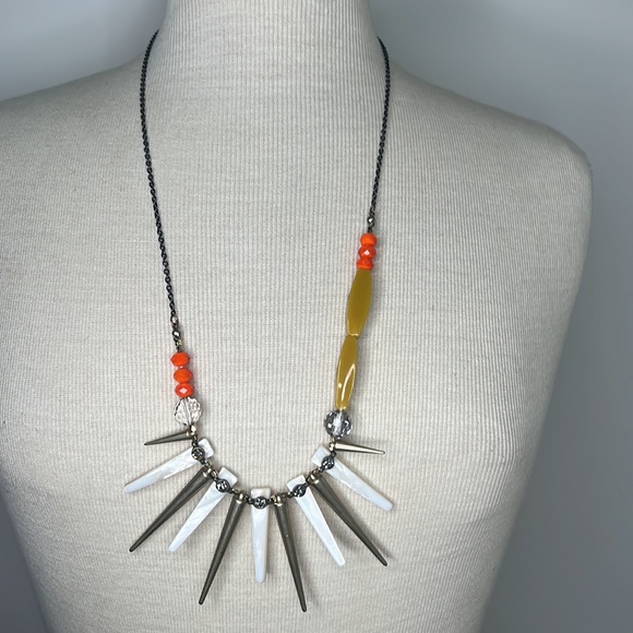 Boho Tribal Necklace Multi Bead Orange Cream White Yellow Silver Chain Claw - Picture 8 of 8